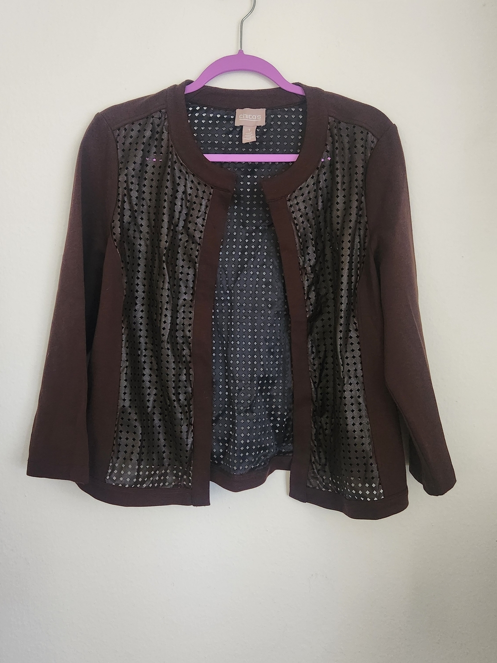 Chico's Brown Open-Front Eyelet Panel Jacket